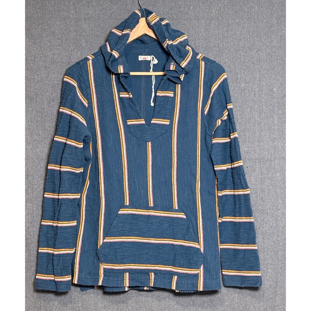 Faherty Seabrook Poncho Women Blue Striped Baja Hoodie Pullover V-Neck Sz Small